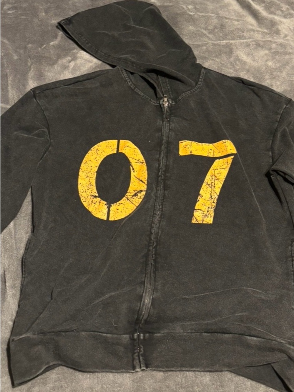Black Zip-Up Hoodie with Yellow '07' Graphic